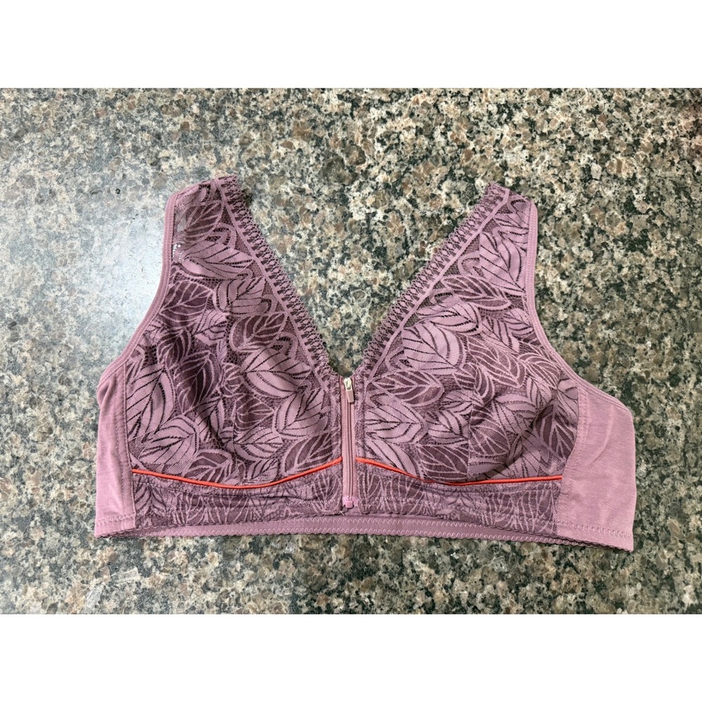 Front Zip Wireless Lace Bra Mauve Plum Leaf Pattern Bralette Size 48/110